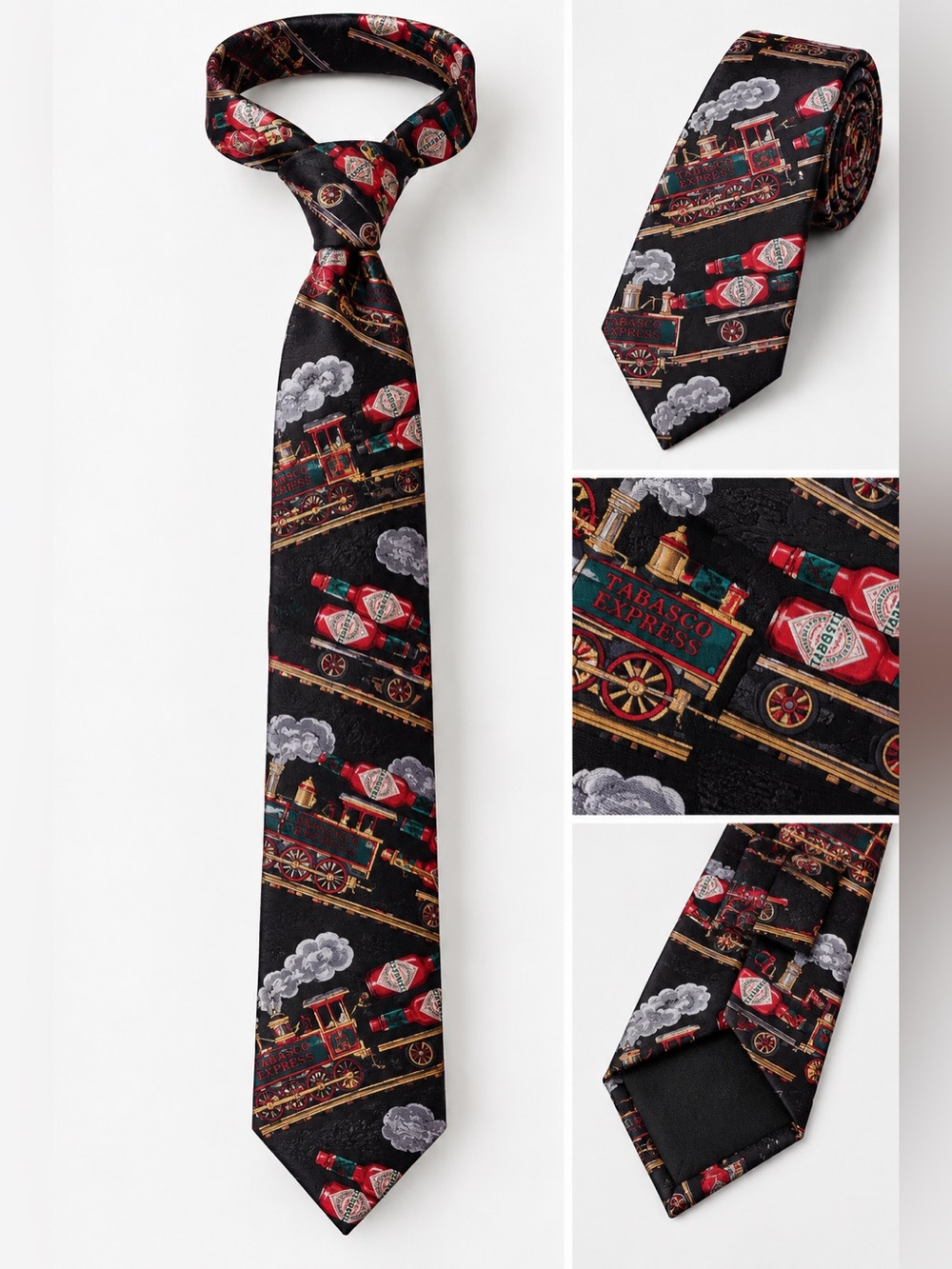 Tabasco Black Silk Tie with Red & Gold Train Motif